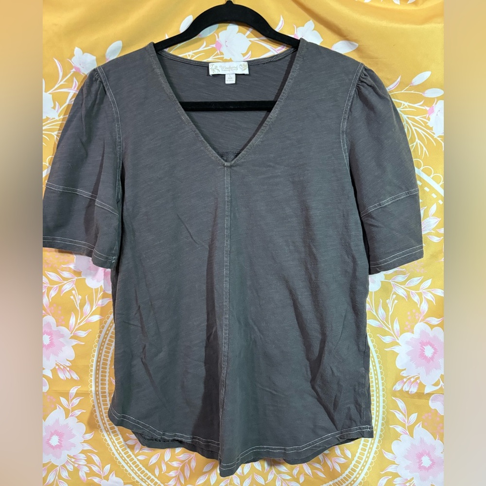 Suzanne Betro Gray V-Neck Top 100% cotton natural fibers